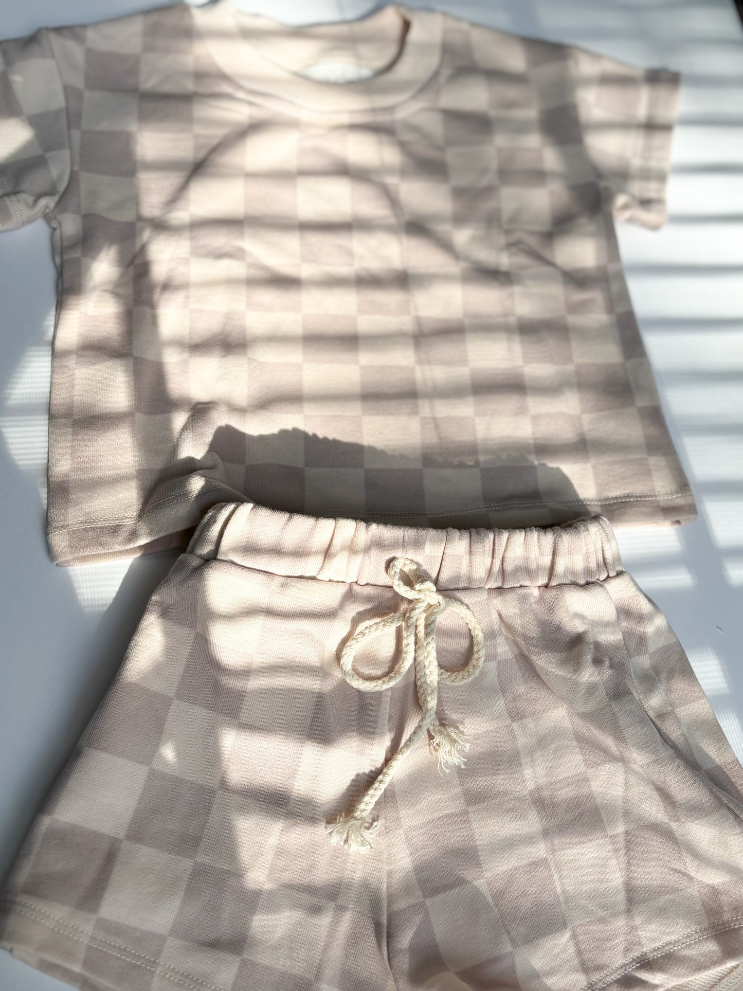 Beige Checkered Shorts Set