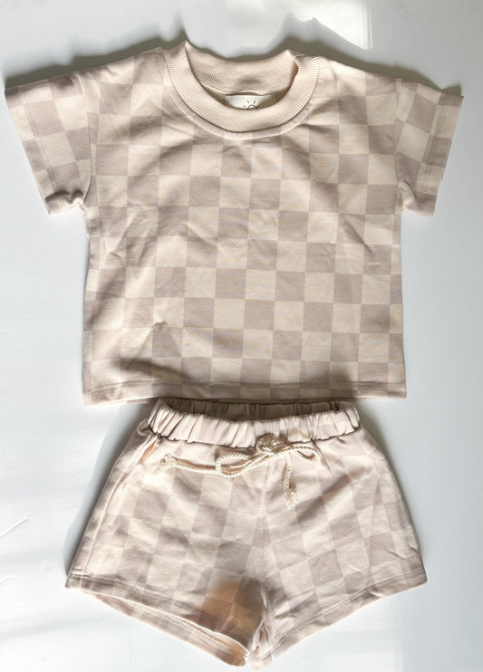 Beige Checkered Shorts Set